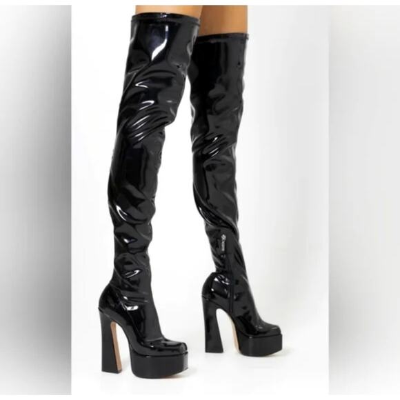 Schutz Black Patent Leather Platform 6” Heel Over Knee Boots 8 Sexy Pretty Woman - Picture 1 of 10